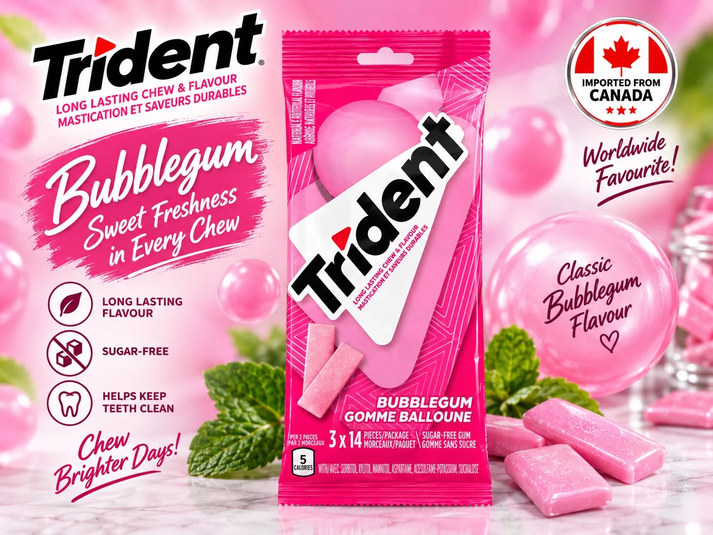 Trident, Bubble Gum Sugar-free Gum Multipack- Pack of 3