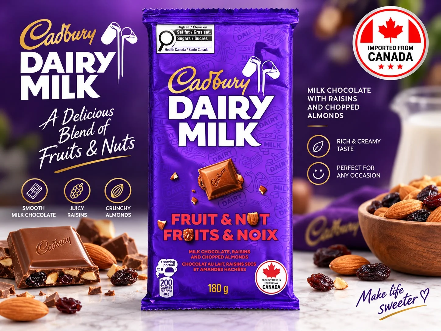 Dairy Milk, Fruit & Nut 180g, Made in Canada